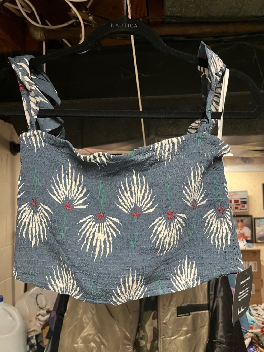 Smocked Floral Crop Top in Slate Blue NWT Size Large